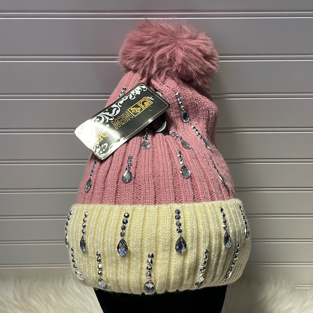 Bling Two Tone Knitted Dusty Rose Lined Winter Hat with Soft Faux Fur P…